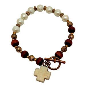 Goth Rosary Cross Charm Beaded Bracelet Glass Christianity Statement Boho Chic